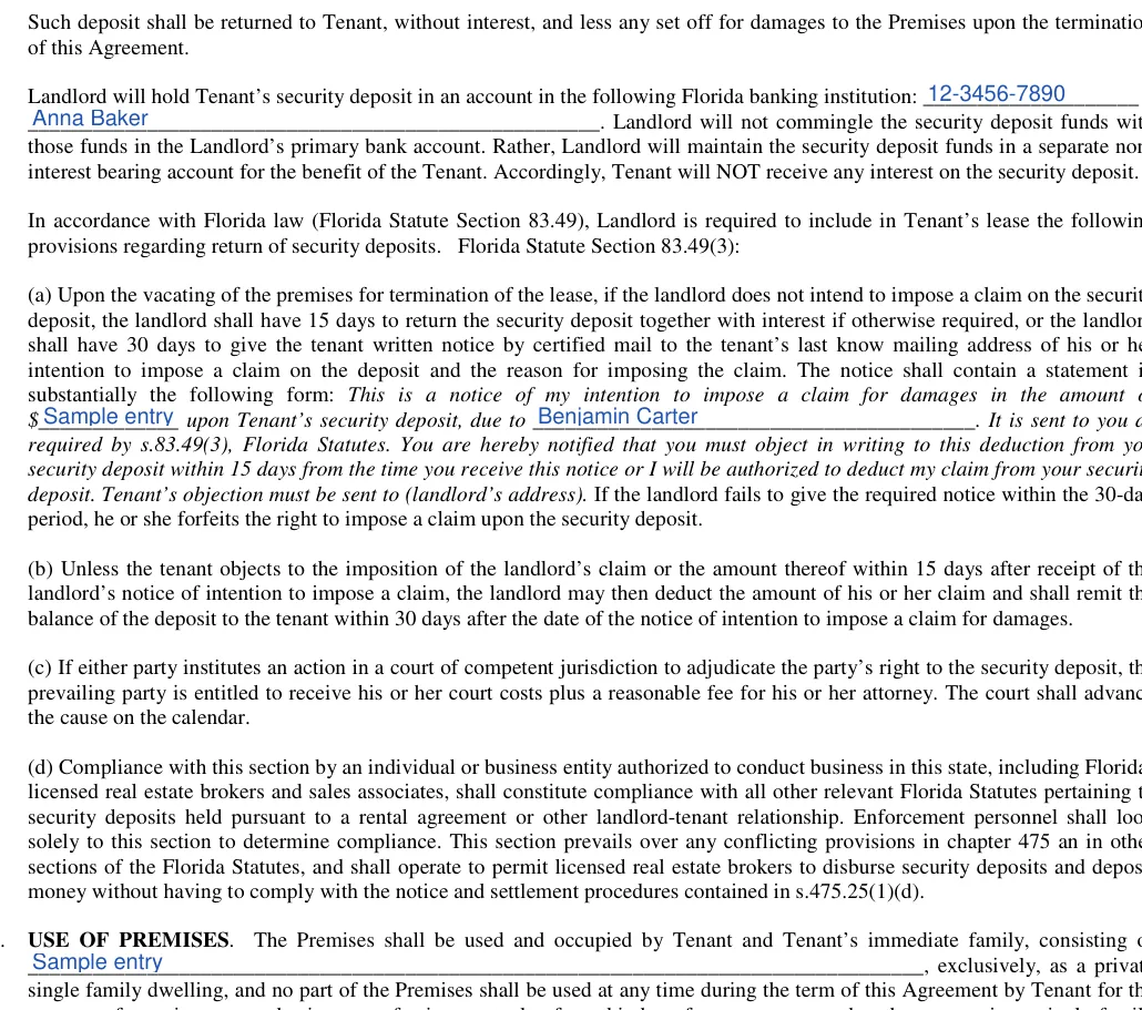 Florida month-to-month lease agreement: Landlord will hold tenants security deposit in an account in the following florida banking institution, Landlord will not commingle the security deposit funds with, filled with sample entries