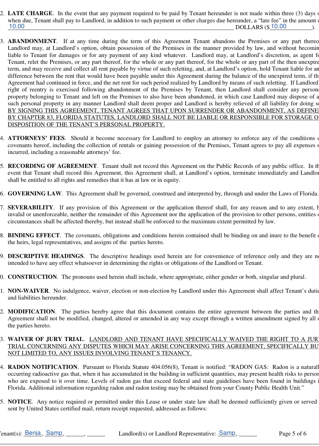 Florida month-to-month lease agreement: Late fee, Dollars, filled with sample entries