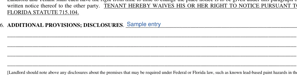 Florida month-to-month lease agreement: FLORIDA STATUTE 715.104, filled with sample entries