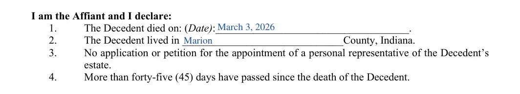 Indiana small estate affidavit (Form CCA-EM-0722-5000): items 1 to 4, filled with sample entries