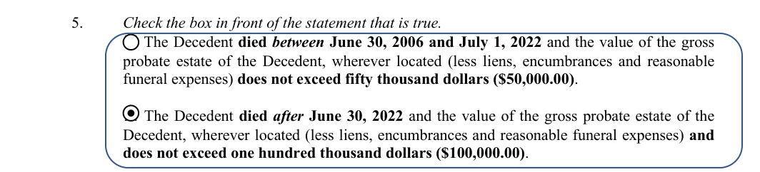 Indiana small estate affidavit (Form CCA-EM-0722-5000): item 5 value of the estate, filled with sample entries