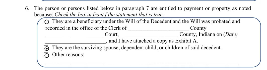 Indiana small estate affidavit (Form CCA-EM-0722-5000): item 6 why they are entitled, filled with sample entries