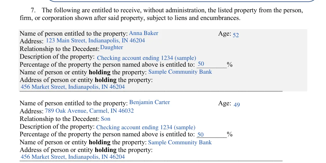 Indiana small estate affidavit (Form CCA-EM-0722-5000): item 7 people entitled and the holders, filled with sample entries