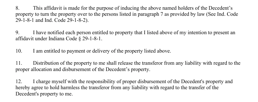 Indiana small estate affidavit (Form CCA-EM-0722-5000): items 8 to 12, filled with sample entries