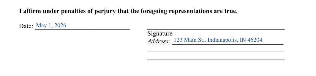 Indiana small estate affidavit (Form CCA-EM-0722-5000): affirmation date signature and address, filled with sample entries