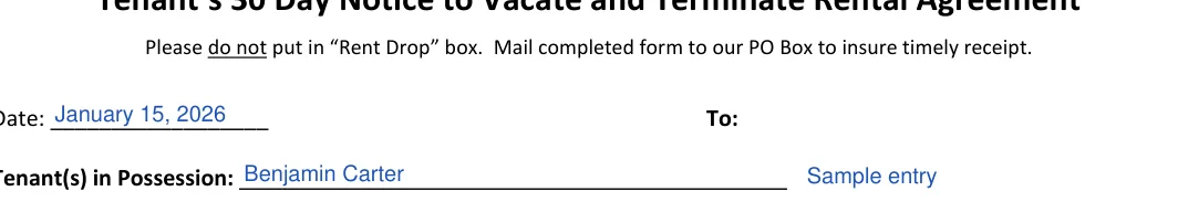 Florida 30-day notice to vacate: Date, To and more, filled with sample entries