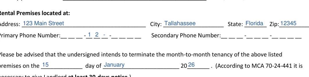 Florida 30-day notice to vacate: Rental Premises located at, filled with sample entries