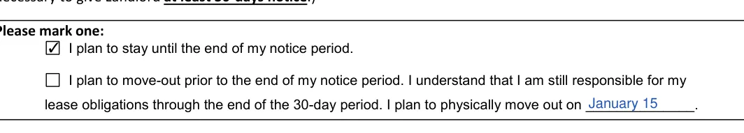 Florida 30-day notice to vacate: Please mark one, filled with sample entries