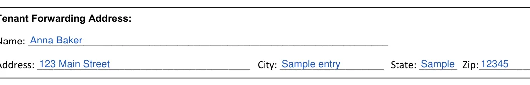 Florida 30-day notice to vacate: Tenant Forwarding Address, filled with sample entries