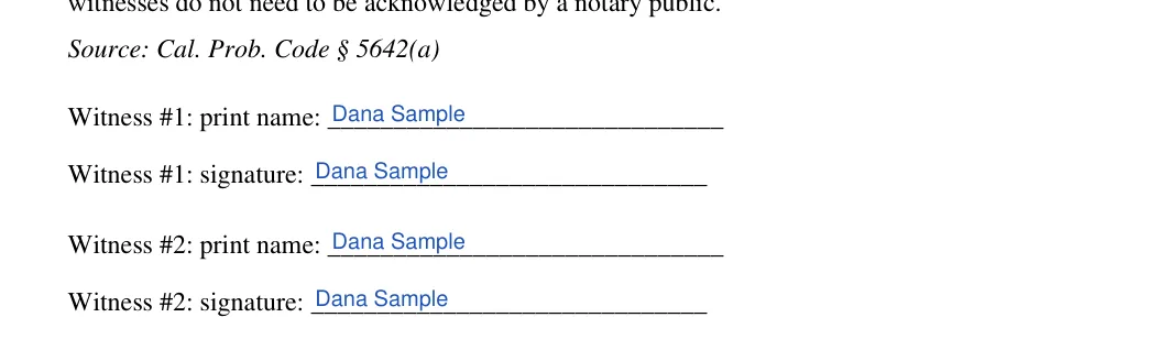 California transfer-on-death deed: Transfer on death deed execution ca blocks.1.witness 1 print name, Transfer on death deed execution ca blocks.2.witness 1 signature and more, filled with sample entries