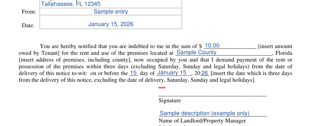 Florida 3-day eviction notice: From, filled with sample entries