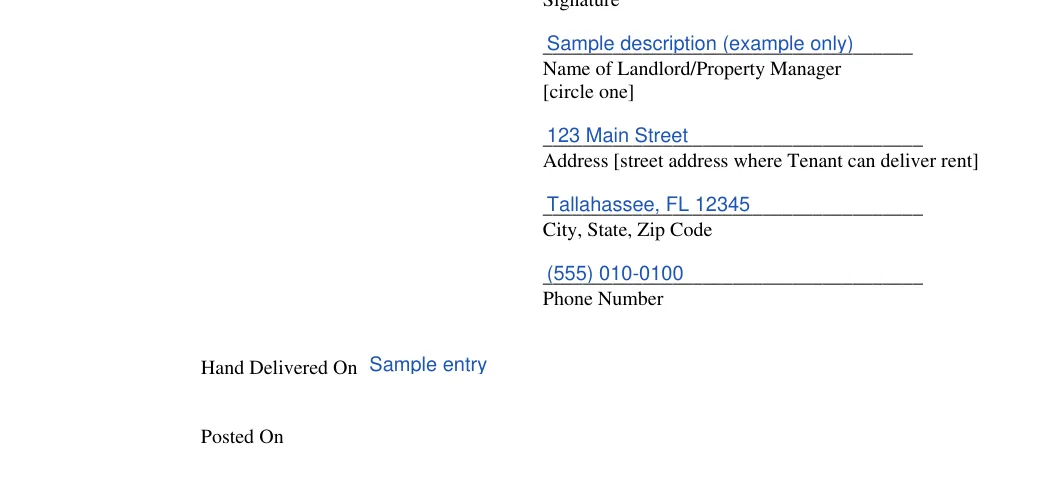 Florida 3-day eviction notice: Address street address where tenant can deliver rent, City state zip code and more, filled with sample entries