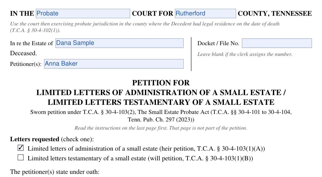 Tennessee small estate petition (FormsPal form): caption and letters requested, filled with sample entries