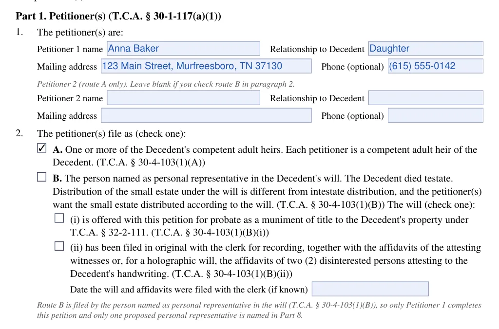 Tennessee small estate petition (FormsPal form): part 1 petitioners and route, filled with sample entries