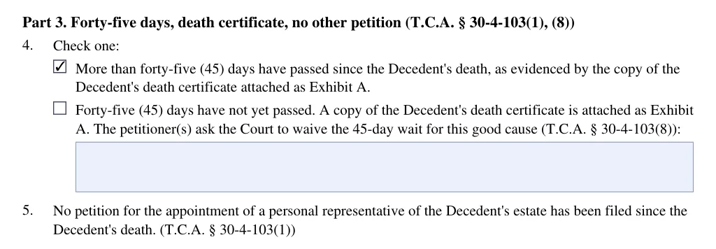 Tennessee small estate petition (FormsPal form): part 3 forty-five days, filled with sample entries
