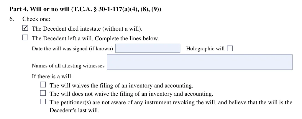 Tennessee small estate petition (FormsPal form): part 4 will or no will, filled with sample entries