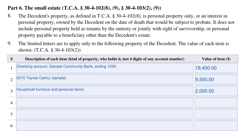 Tennessee small estate petition (FormsPal form): part 6 the small estate, filled with sample entries