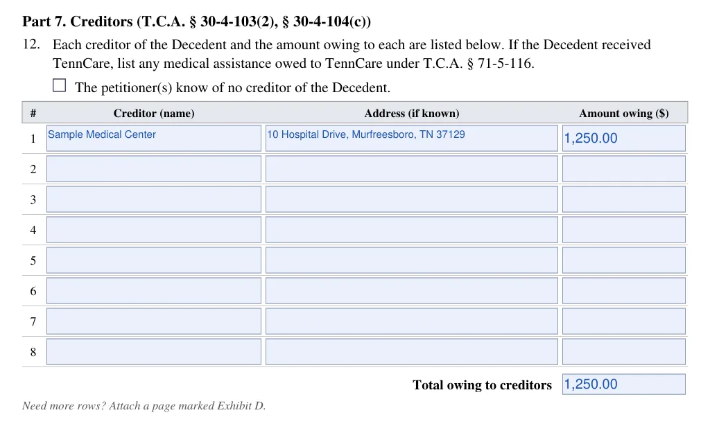 Tennessee small estate petition (FormsPal form): part 7 creditors, filled with sample entries