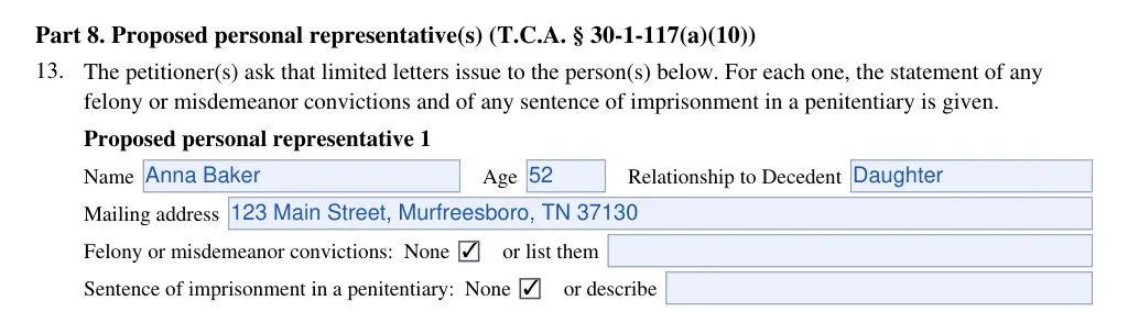 Tennessee small estate petition (FormsPal form): part 8 proposed personal representative, filled with sample entries