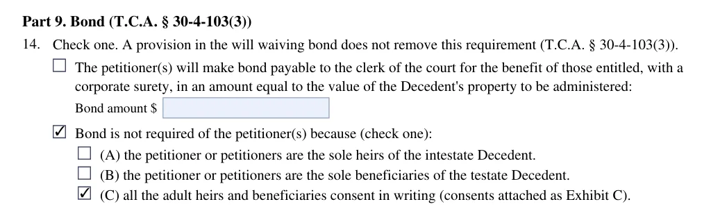 Tennessee small estate petition (FormsPal form): part 9 bond, filled with sample entries