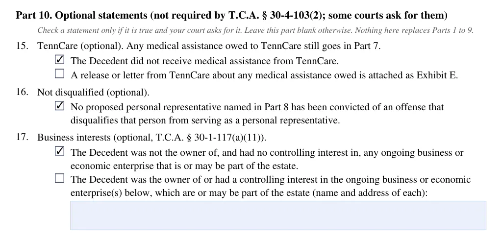 Tennessee small estate petition (FormsPal form): part 10 optional statements, filled with sample entries