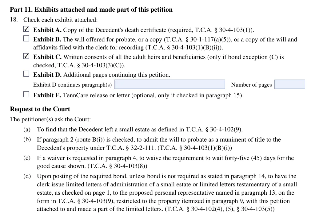 Tennessee small estate petition (FormsPal form): part 11 exhibits and request to the court, filled with sample entries