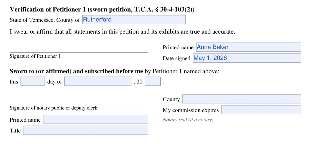 Tennessee small estate petition (FormsPal form): verification of petitioner 1, filled with sample entries