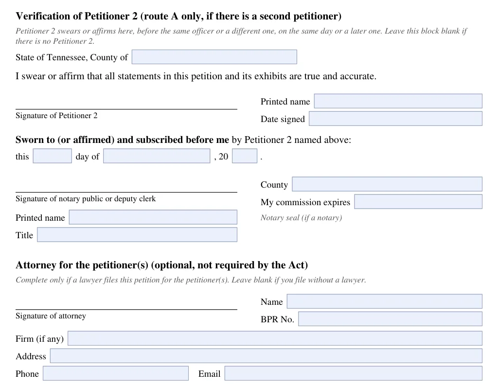 Tennessee small estate petition (FormsPal form): petitioner 2 and attorney blocks, filled with sample entries