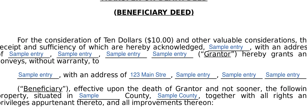 Colorado transfer-on-death deed: (BENEFICIARY DEED), filled with sample entries