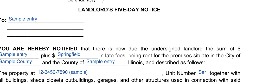 Illinois 5-day eviction notice: LANDLORD’S FIVE-DAY NOTICE, filled with sample entries