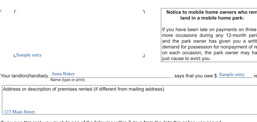 Michigan 7-day eviction notice: To, filled with sample entries
