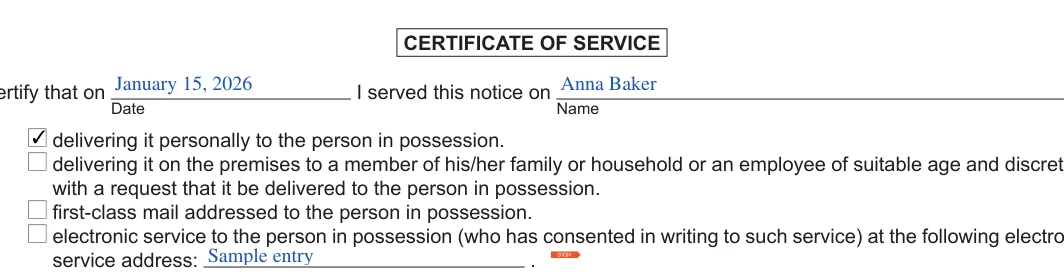 Michigan 7-day eviction notice: CERTIFICATE OF SERVICE, filled with sample entries