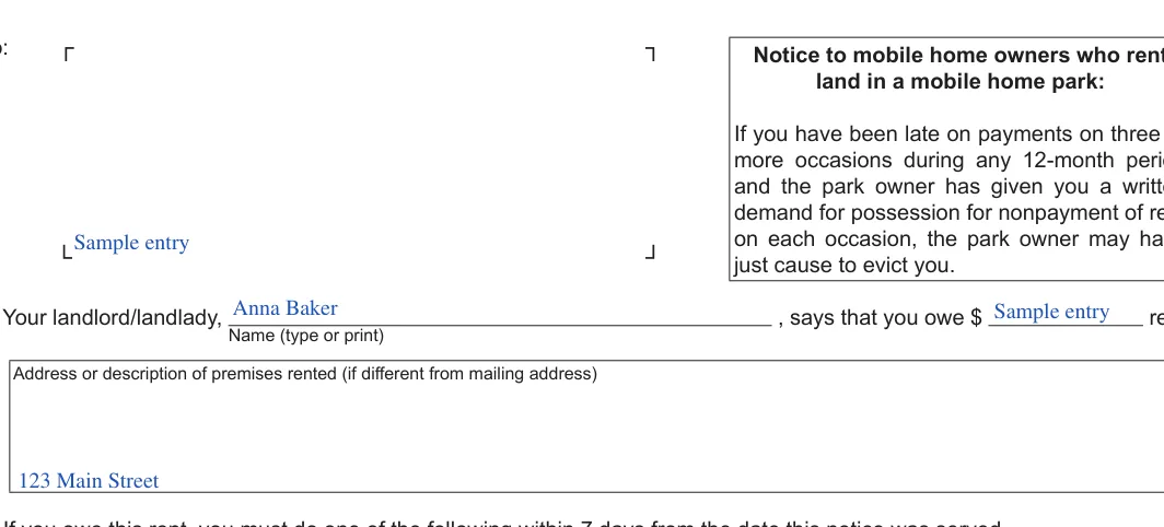 Michigan 7-day eviction notice: To, filled with sample entries