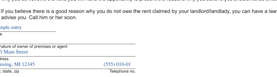 Michigan 7-day eviction notice: Text, Signature of owner and more, filled with sample entries
