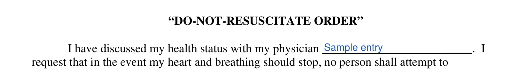 Michigan DNR order: “DO-NOT-RESUSCITATE ORDER”, filled with sample entries