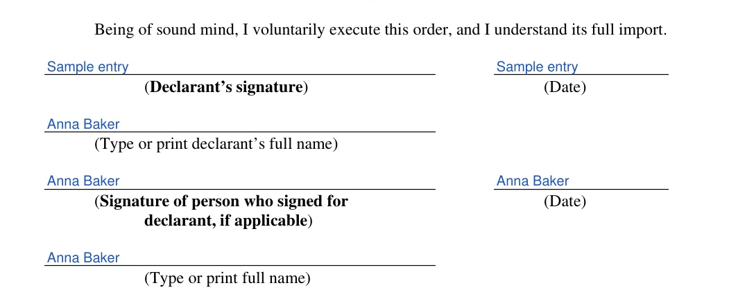 Michigan DNR order: Dnr form mi.15.being of sound mind i voluntarily execut, Dnr form mi.16.being of sound mind i voluntarily execut and more, filled with sample entries