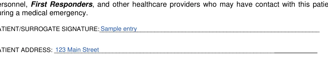 New Jersey DNR order: Dnr form nj.2.patient surrogate signature, Dnr form nj.3.patient address, filled with sample entries
