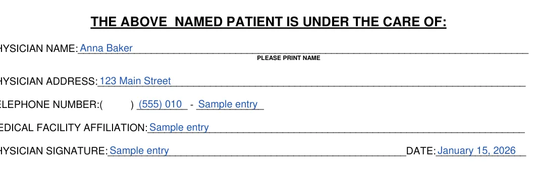 New Jersey DNR order: THE ABOVE NAMED PATIENT IS UNDER THE CARE OF, filled with sample entries