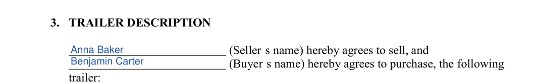 Colorado trailer bill of sale: 3. TRAILER DESCRIPTION, filled with sample entries