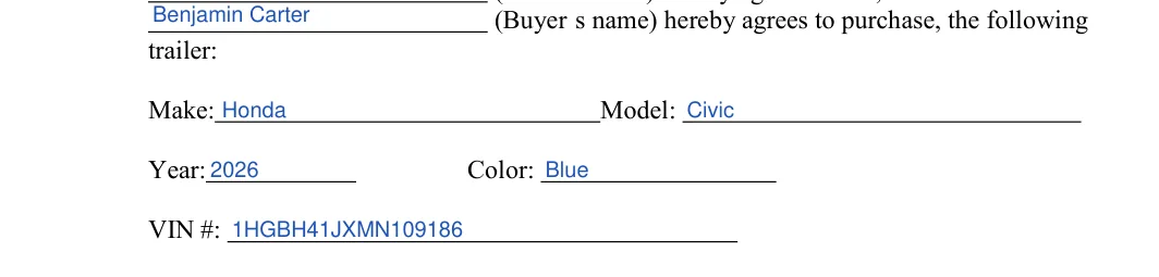 Colorado trailer bill of sale: trailer, filled with sample entries