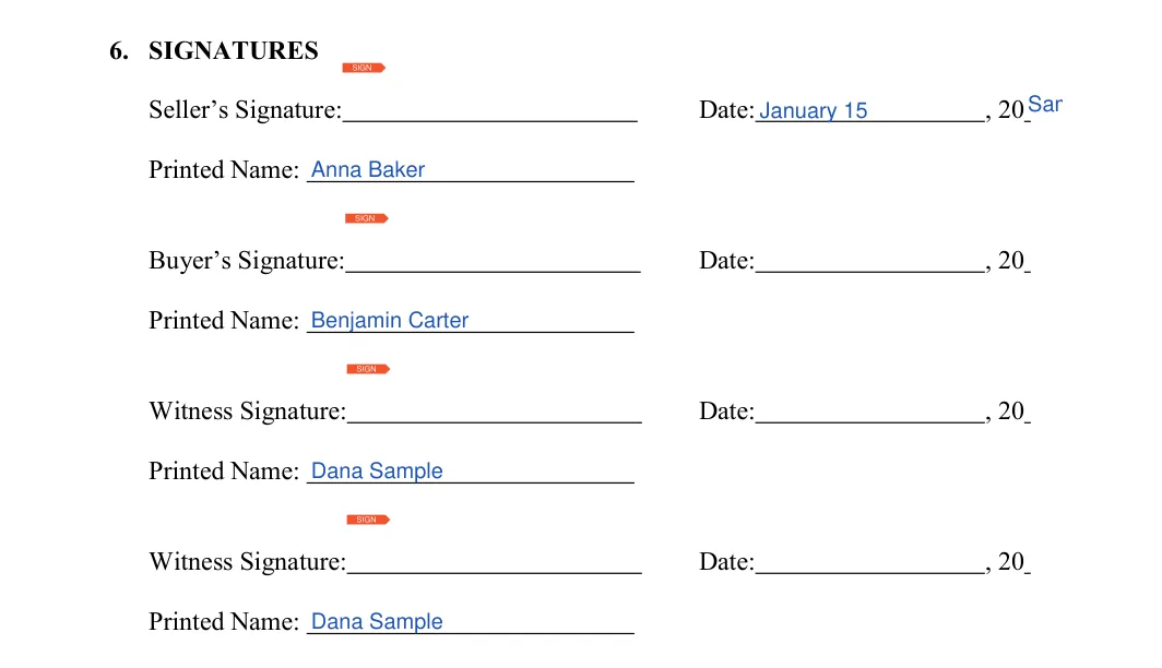 Colorado trailer bill of sale: 6. SIGNATURES, filled with sample entries