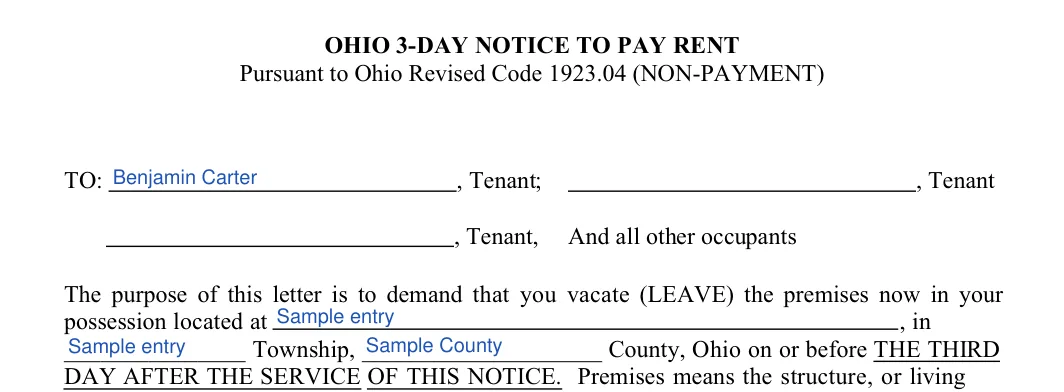 Ohio 3-day eviction notice: OHIO 3-DAY NOTICE TO PAY RENT, filled with sample entries