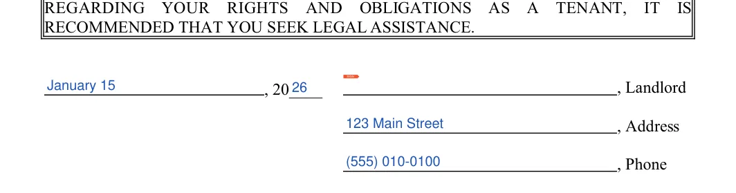 Ohio 3-day eviction notice: RECOMMENDED THAT YOU SEEK LEGAL ASSISTANCE, filled with sample entries