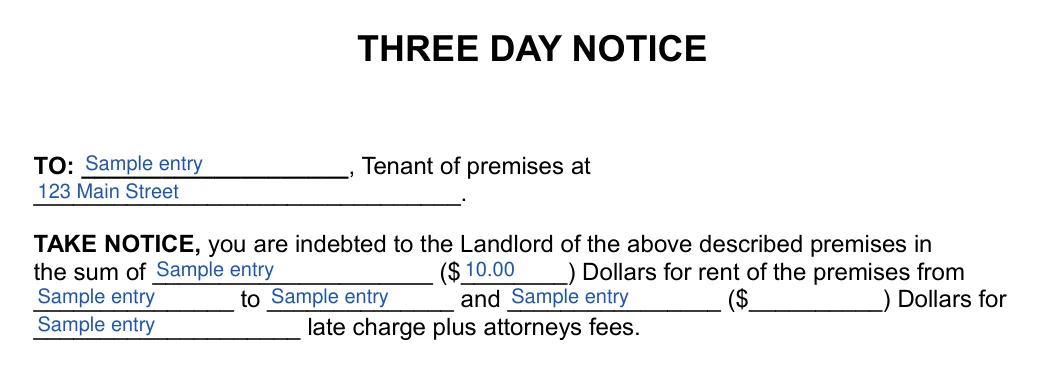 New York 3-day eviction notice: THREE DAY NOTICE, filled with sample entries