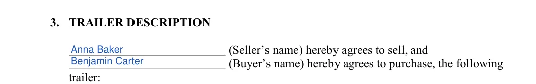 Arkansas trailer bill of sale: 3. TRAILER DESCRIPTION, filled with sample entries