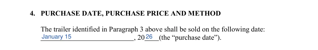 Arkansas trailer bill of sale: 4. PURCHASE DATE, PURCHASE PRICE AND METHOD, filled with sample entries