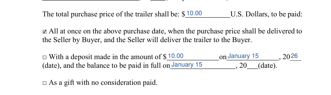 Arkansas trailer bill of sale: U.S. Dollars, to be paid, filled with sample entries