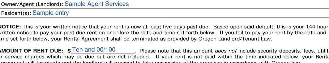 Oregon 72-hour eviction notice: Resident(s), filled with sample entries
