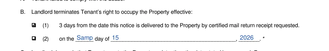 Texas 3-day notice to vacate: Check, On the and more, filled with sample entries
