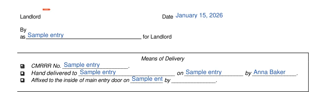 Texas 3-day notice to vacate: Landlord, Date and more, filled with sample entries